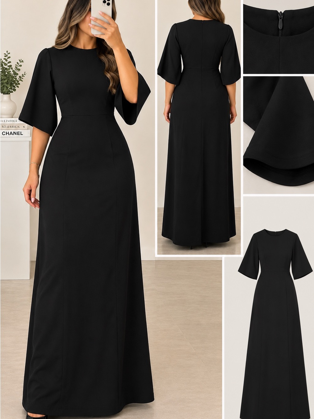Classic Black Maxi Dress with Elbow Sleeve